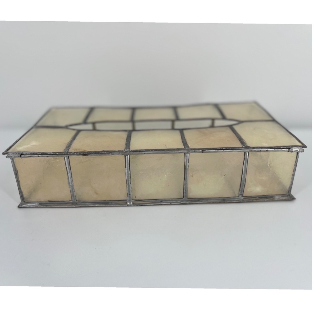 Vintage Capiz Shell Tissue Box Holder Leaded Glass Cream Boho Rectangular Rare